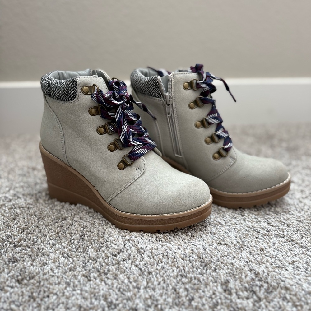 Maurices Cream Lace Up Boots with Tan Sole